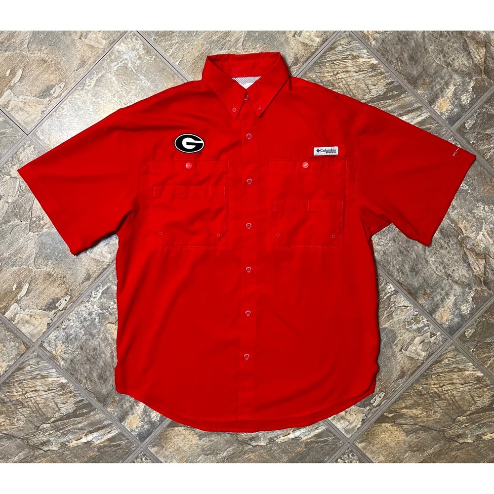 Columbia PFG Shirt Omnishade Mens Small Red Georgia Bulldogs Fishing S/S